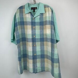 Nat Nast Shirt Men XL Blue‎ Green Plaid Linen Button Front Camp Shirt